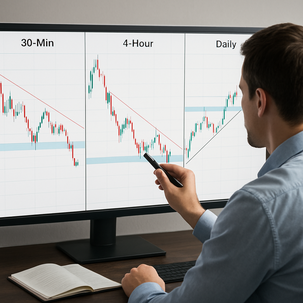 A realistic depiction of a trader analyzing a multi‑timeframe chart with 30‑minute, 4‑hour, and daily views side by side, showing trendlines and support/resistance zones. Alt: Multi‑timeframe analysis illustration.