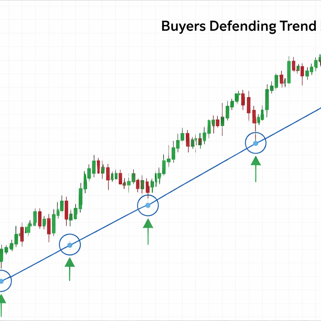 A clean forex chart showing an upward trending line connecting multiple price lows with clear bounces, demonstrating how buyers defend the trend line. Alt: Forex trend line trading strategy chart showing upward trend line with price bounces
