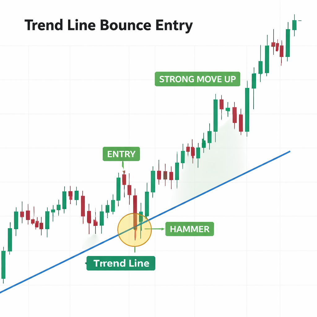 A forex chart showing a clear trend line bounce entry setup with a hammer candle at the trend line followed by strong upward price movement. Alt: Forex trend line bounce entry strategy showing price rejection at support line