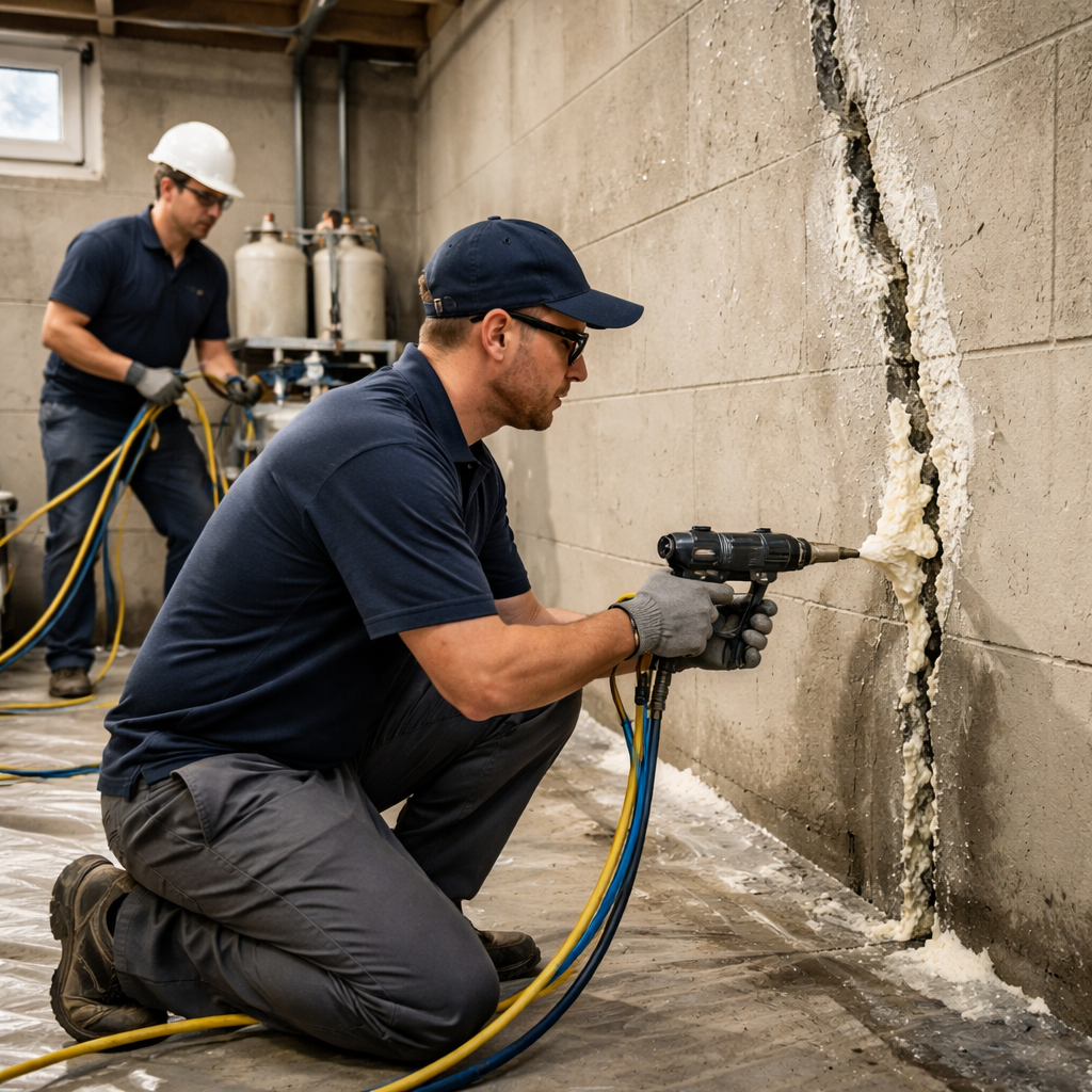 A realistic scene of a home foundation repair crew using polyurethane foam injection on a basement wall. Alt: foundation crack repair cost polyurethane injection method