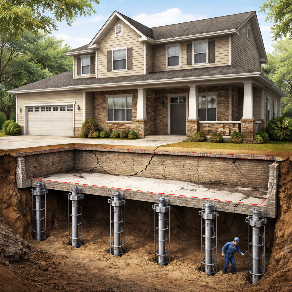 A realistic illustration of a house with a highlighted foundation, showing pier installation and lifted slab. Alt: foundation crack repair cost major repair visualization