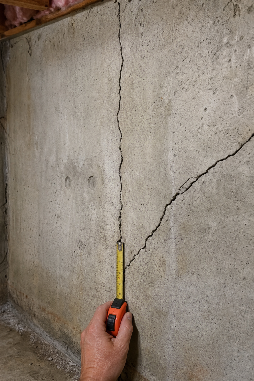 A close-up photorealistic shot of a concrete foundation wall showing several types of cracks including a vertical crack and a diagonal crack, with a measuring tape held against the wall to show crack width, natural basement lighting, orange accent on the measuring tape handle. Alt: identifying foundation wall crack types and severity before applying a sealing product.