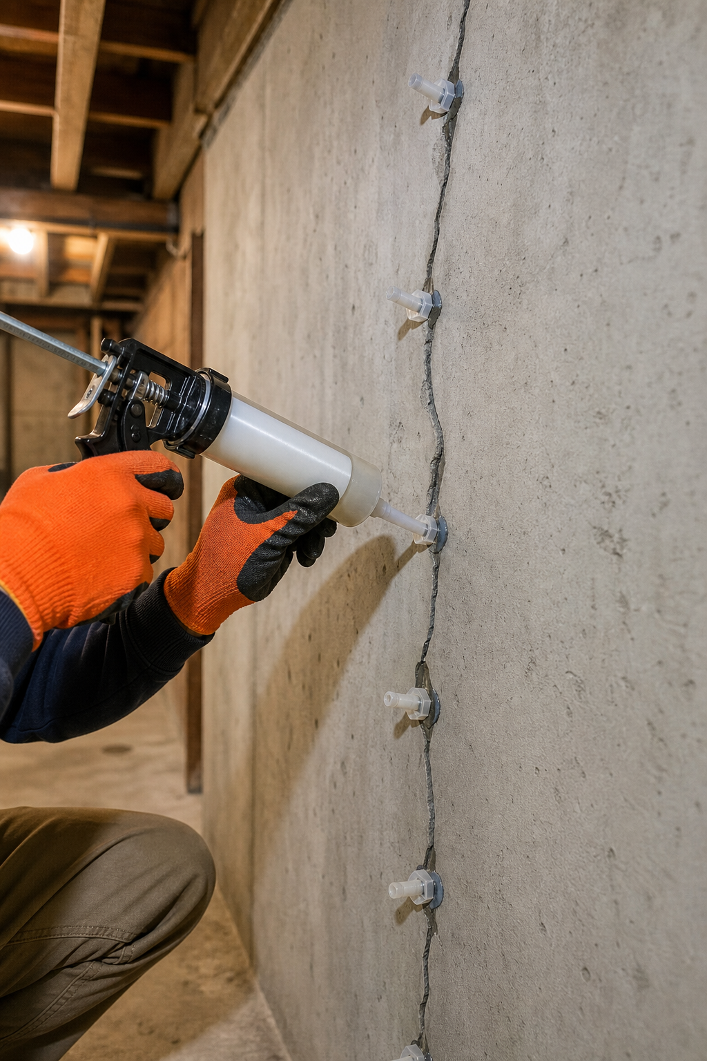 A photorealistic scene of a person in work gloves applying polyurethane crack sealant to a concrete foundation wall using an injection gun, with injection ports installed along a visible vertical crack, warm basement lighting, orange safety gloves visible. Alt: applying foundation wall crack sealing product using injection ports on a concrete wall.