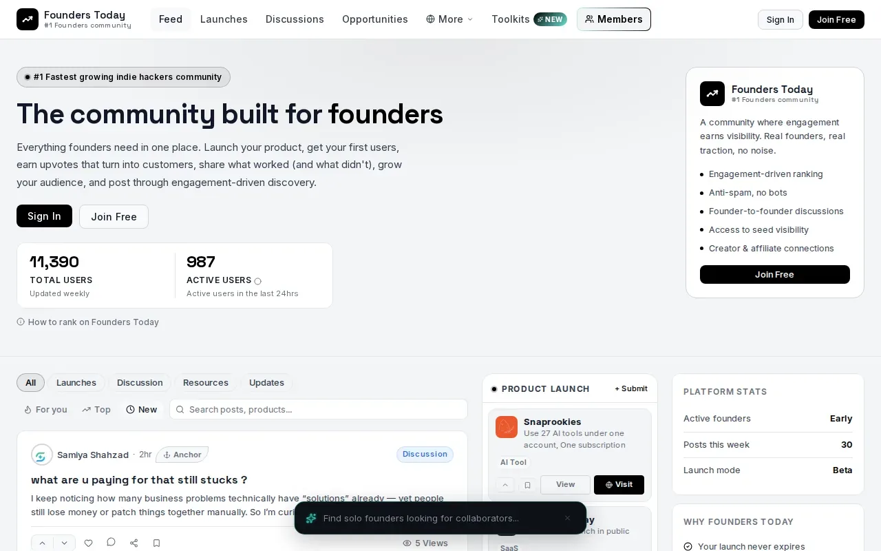 Screenshot of the Founders Today website