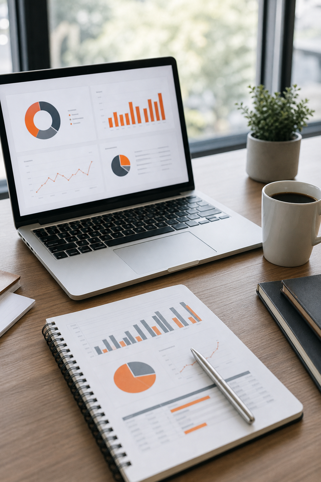 Realistic photo of a modern office workspace with a laptop showing financial dashboards and a notebook with charts, a coffee cup nearby. Alt: Fractional CFO service TaxBowl dashboard.