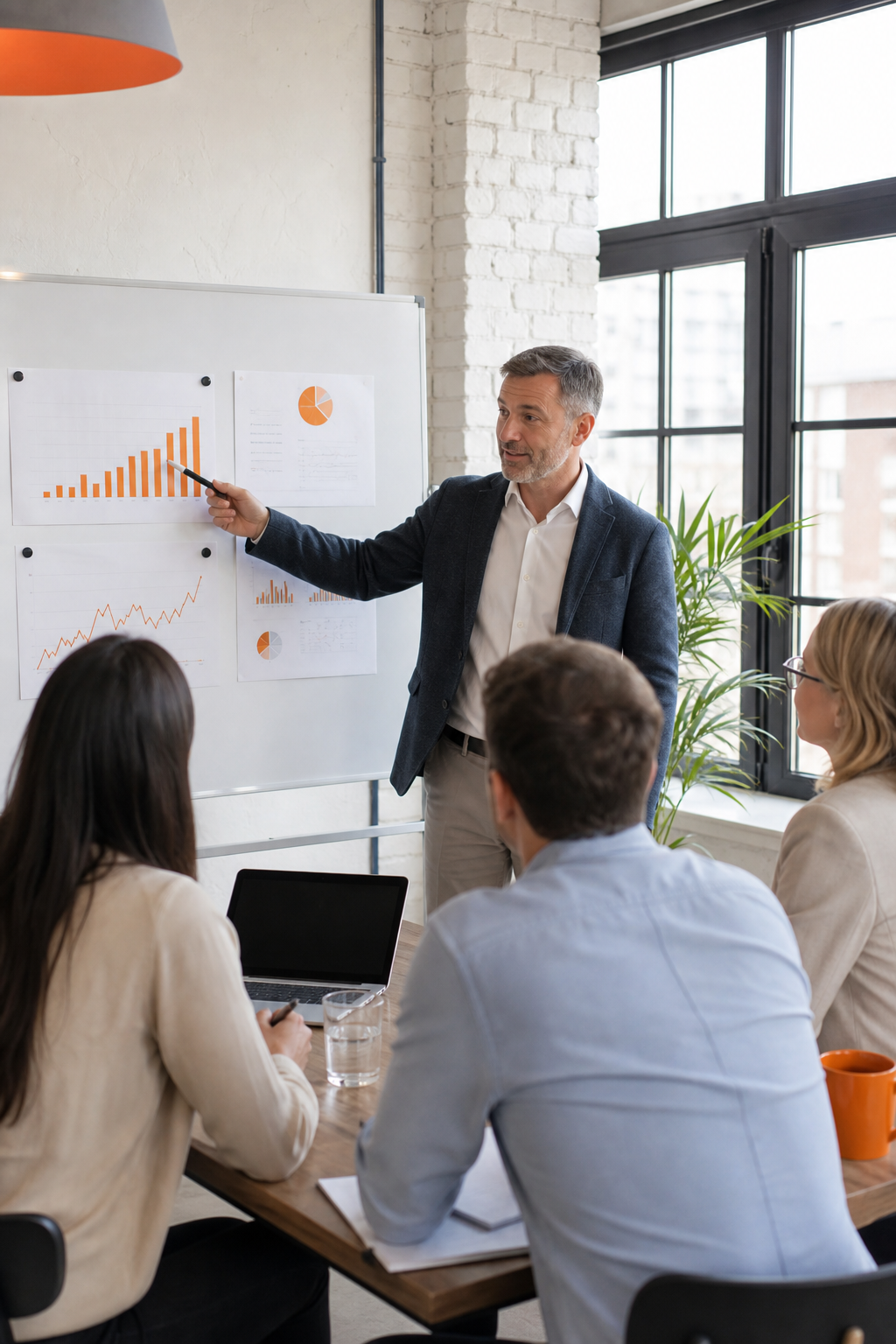 Realistic image of a startup team meeting in a bright office, with a financial advisor pointing to a whiteboard showing growth charts. Alt: Boutique CFO advisory firm helping startup team.