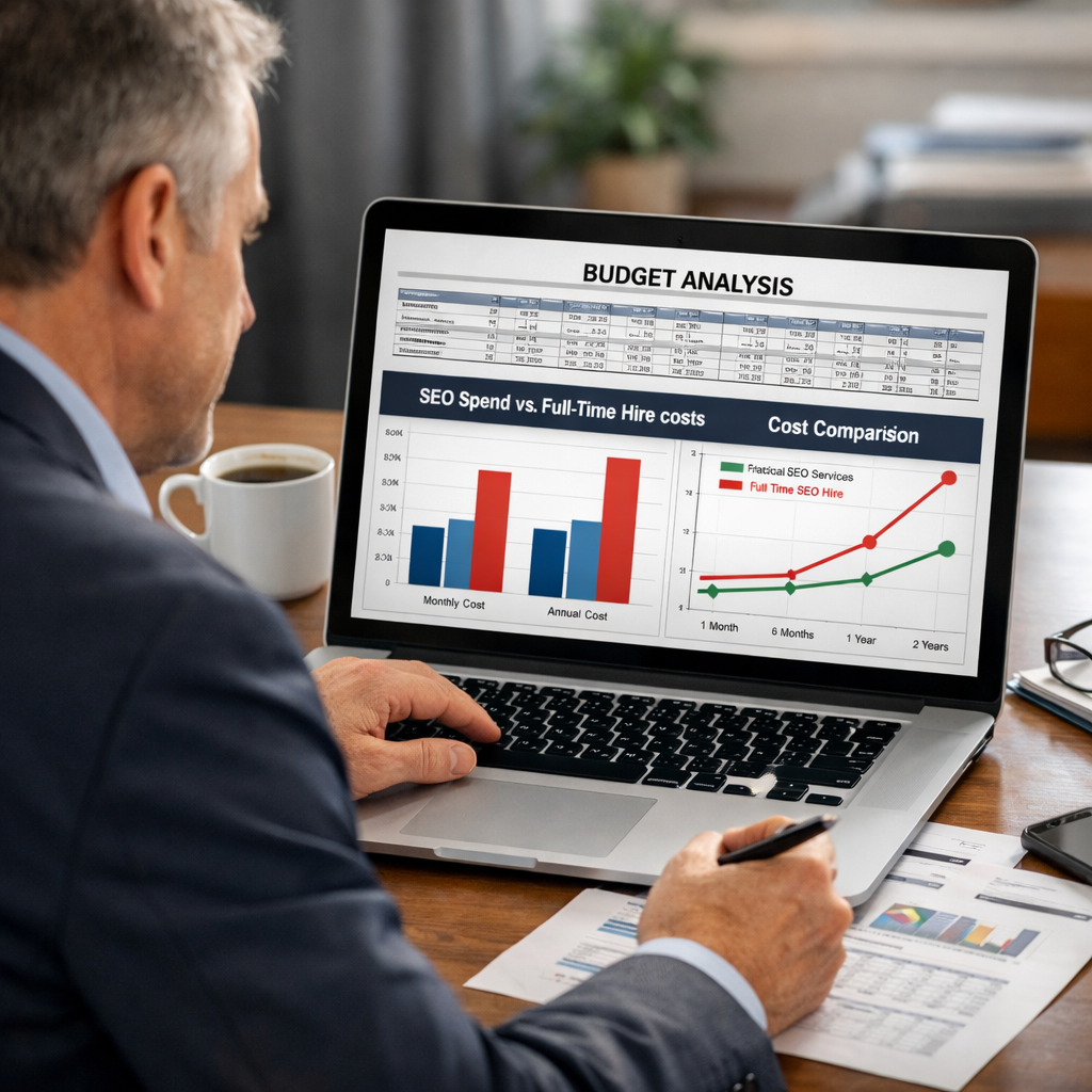A realistic illustration of a business leader reviewing a budget spreadsheet on a laptop, with charts showing SEO spend versus full‑time hire costs. Alt: fractional seo services cost comparison chart