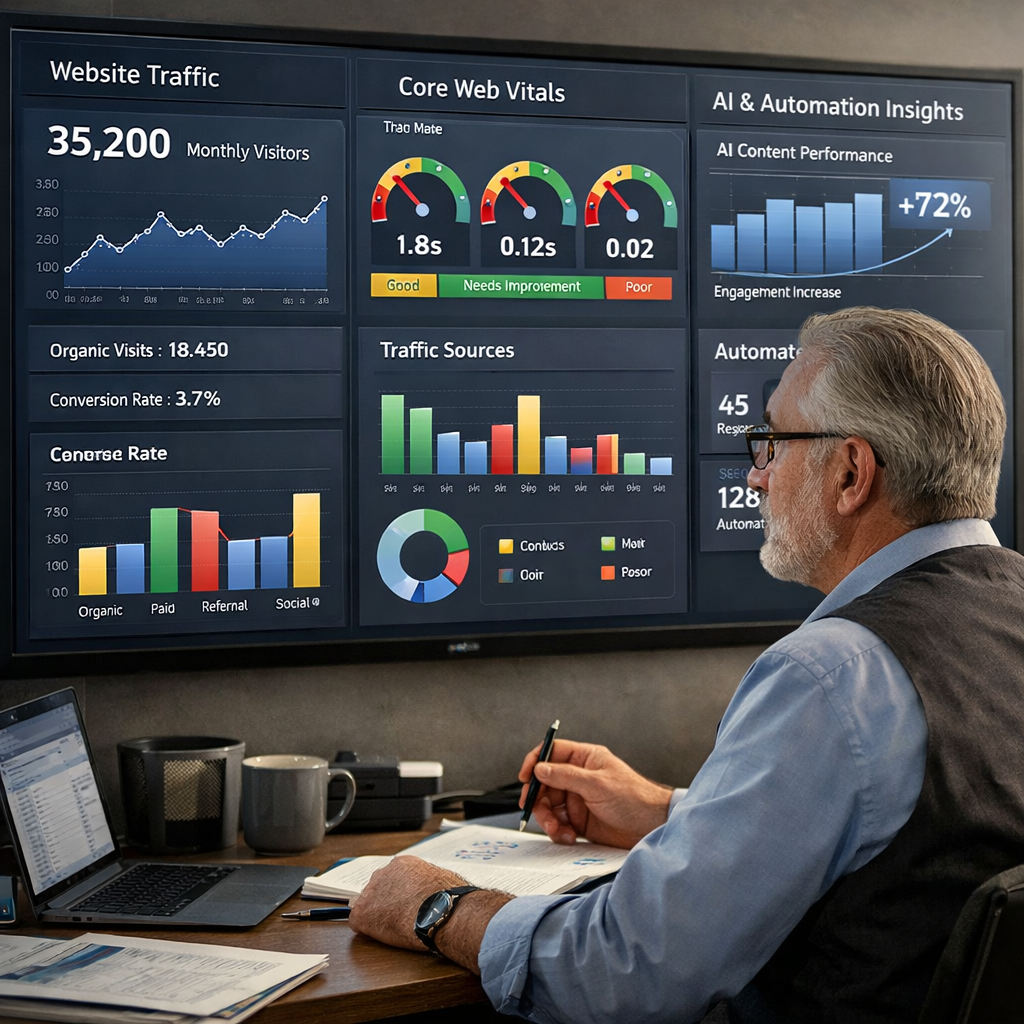 A realistic scene of a senior SEO consultant reviewing a dashboard on a large screen, with charts of traffic, Core Web Vitals, and AI‑automation metrics. Alt: fractional seo services reporting dashboard