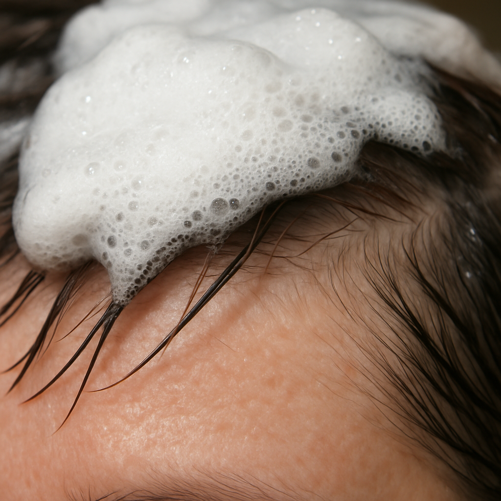 A close‑up of a scalp with gentle foam, highlighting fragrance‑free shampoo lather. Alt: fragrance free shampoo for itchy scalp, soothing scalp illustration.