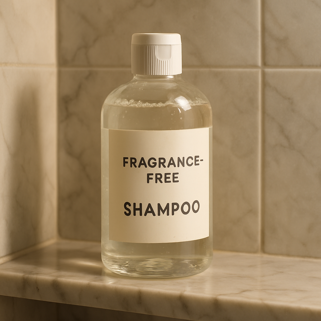 A clear bottle of fragrance‑free shampoo on a marble bathroom shelf, with soft lighting highlighting the label that reads “fragrance‑free”. Alt: fragrance free shampoo for itchy scalp
