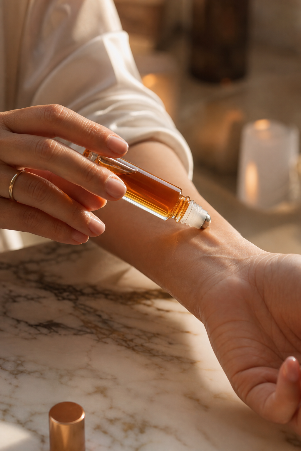 A close-up photorealistic scene of a small glass oil perfume roller bottle resting on a person's wrist, warm amber liquid visible inside, natural skin texture and warm directional lighting, soft orange accent tones. Alt: oil perfume roller applied to wrist as a fragrance layering base.