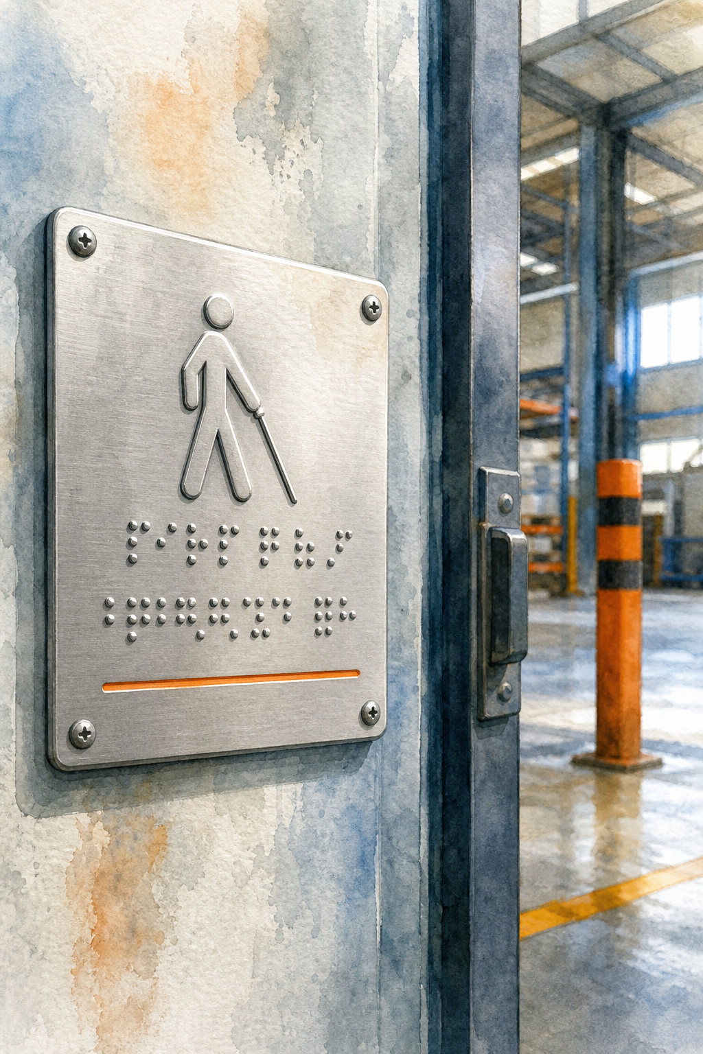 Una placa braille en aluminio anodizado fijada junto a una puerta industrial, con texto en relieve y pictograma táctil. Estilo acuarela. Alt: Placa braille táctil en entrada de planta industrial.