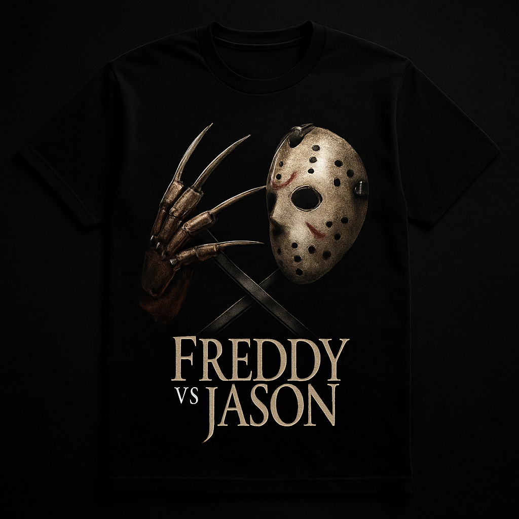 A high-contrast, cinematic freddy vs jason t-shirt mockup on a dark background, Freddy's glove and Jason's hockey mask crossing in the center. Alt: freddy vs jason t shirt cinematic mockup showing masks and crossed weapons.