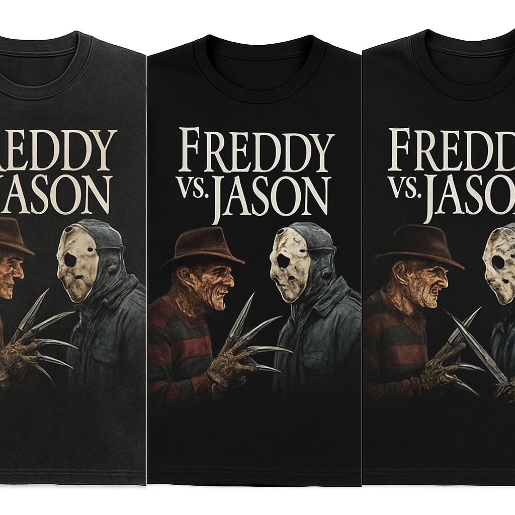 An AI‑generated collage showing three Freddy vs Jason t‑shirt designs side by side, highlighting differences in fabric texture, cut, and print detail. Alt: Comparison of Freddy vs Jason t‑shirt options – material, fit, and print quality.