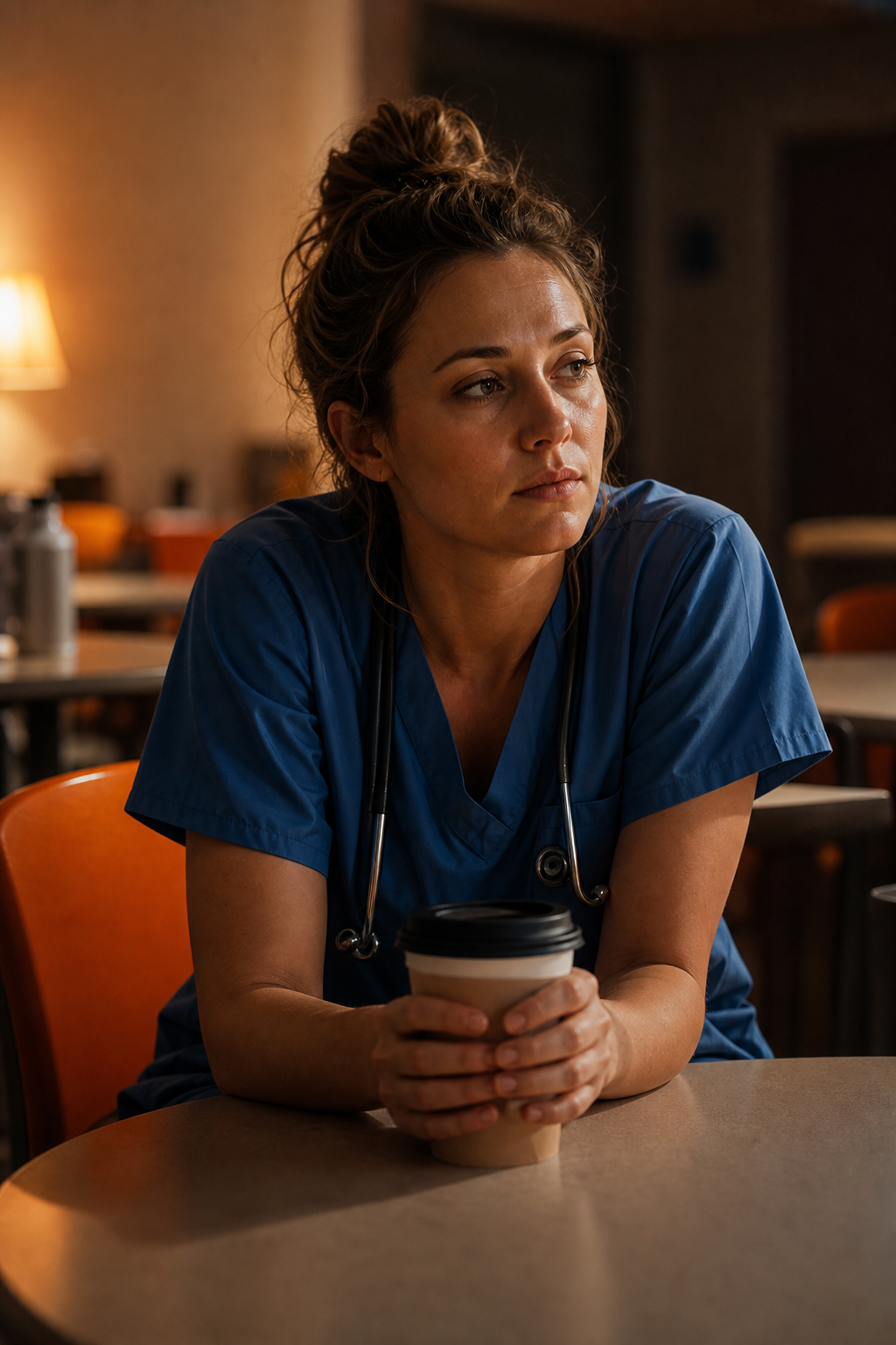 Cinematic close-up of a nurse in scrubs sitting quietly in a hospital break room, hands wrapped around a coffee cup, looking tired but reflective, warm low light casting soft shadows across her face. Alt: nurse showing early signs of burnout sitting in a hospital break room.