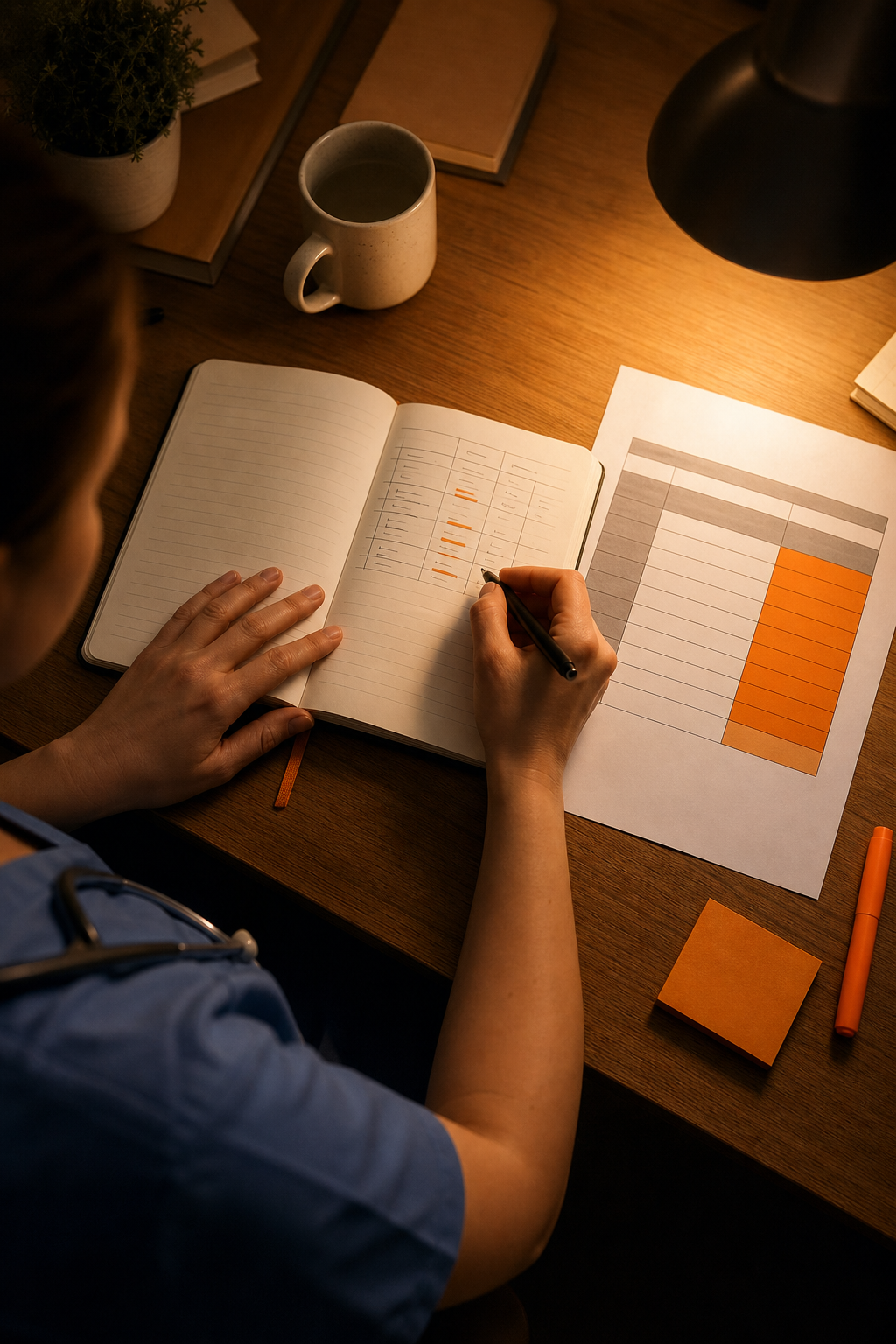 Cinematic overhead shot of a nurse's hands writing scores in a notebook on a wooden desk, with a printed burnout assessment form beside the notebook and a warm lamp casting focused light on the page. Alt: nurse interpreting burnout risk assessment scores in a notebook.