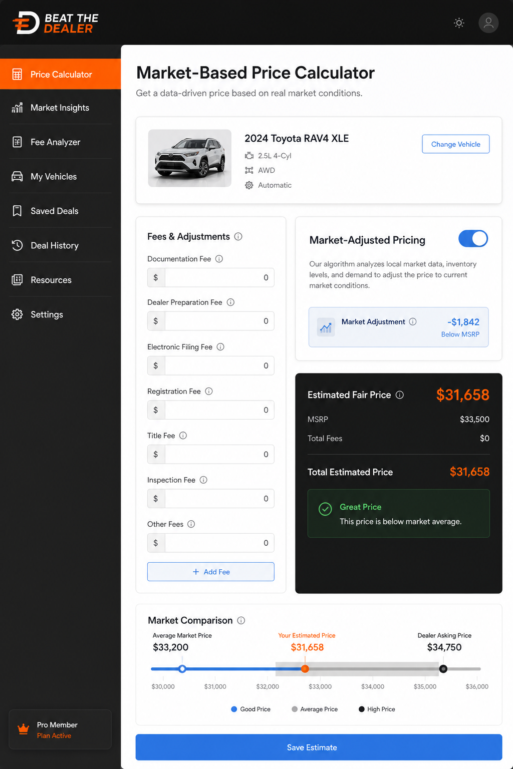 A GUI sketch showing a market-based price calculator with fee fields and a toggle for market-adjusted pricing, in Realism style. Alt: market-adjusted pricing GUI.