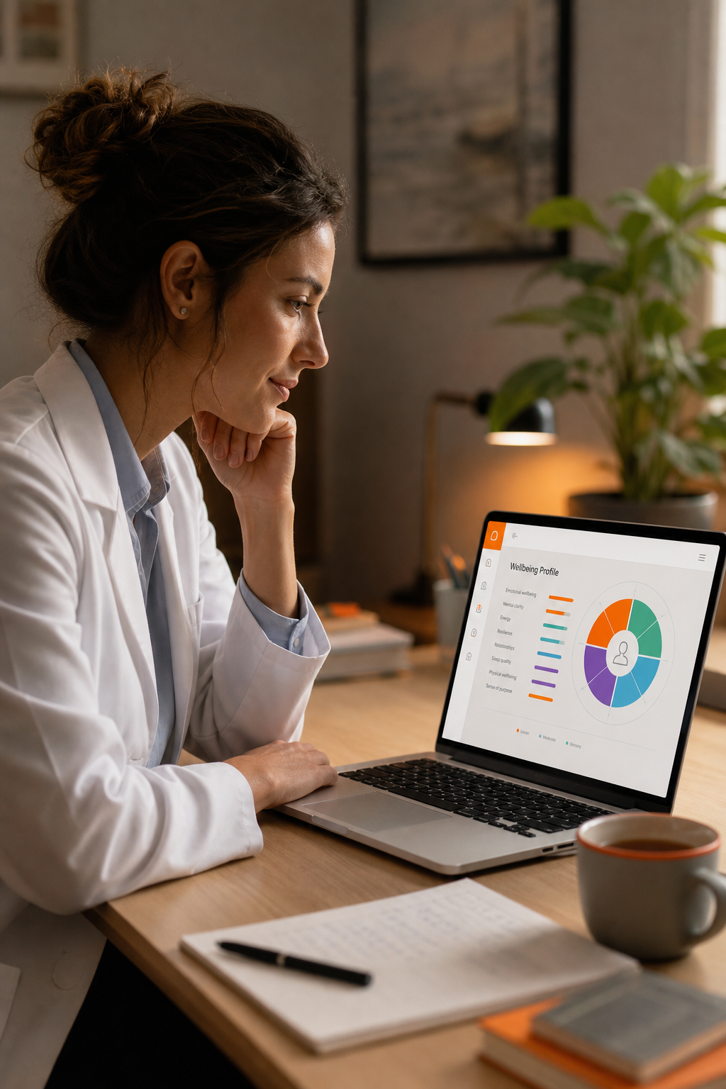 A clinician sitting at a desk, looking at a laptop screen with a colorful wellbeing chart on it. The room is calm, with a plant and a cup of tea. The person's expression is thoughtful and calm. Alt: Clinician reviewing personalized wellbeing profile on laptop
