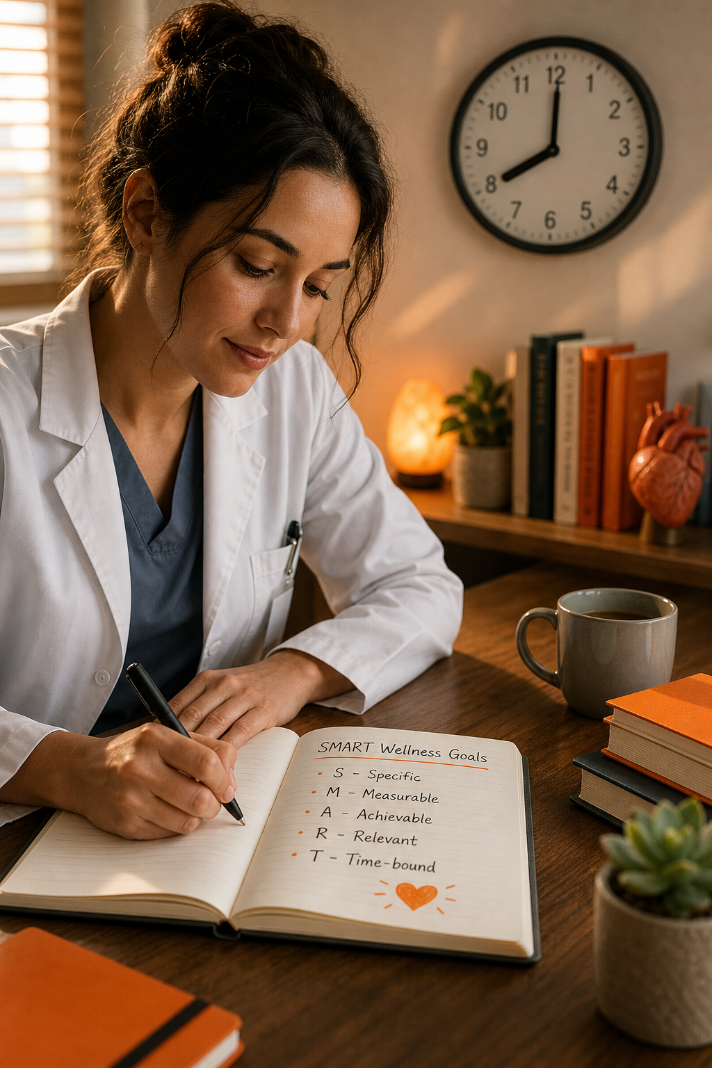 A clinician writing in a notebook, with a clock in the background showing 8:00 AM. The notebook has a list of goals written in it. The scene is organized and calm. Alt: Clinician setting SMART wellness goals in journal