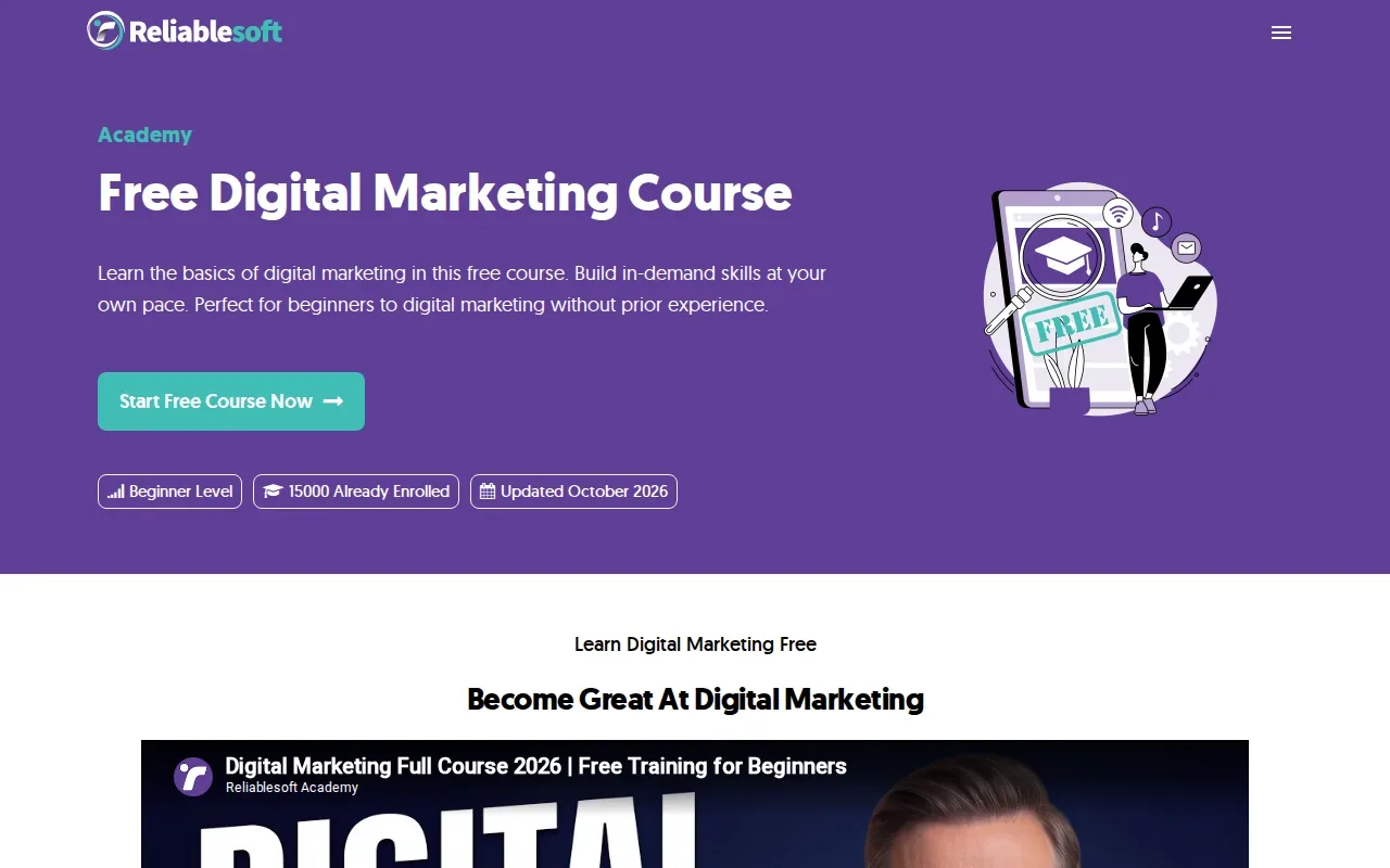 Screenshot of the Digital Marketing Course by Reliablesoft Academy website
