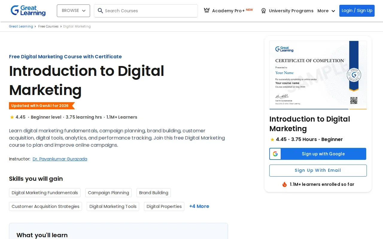 Screenshot of the Digital Marketing by Great Learning website