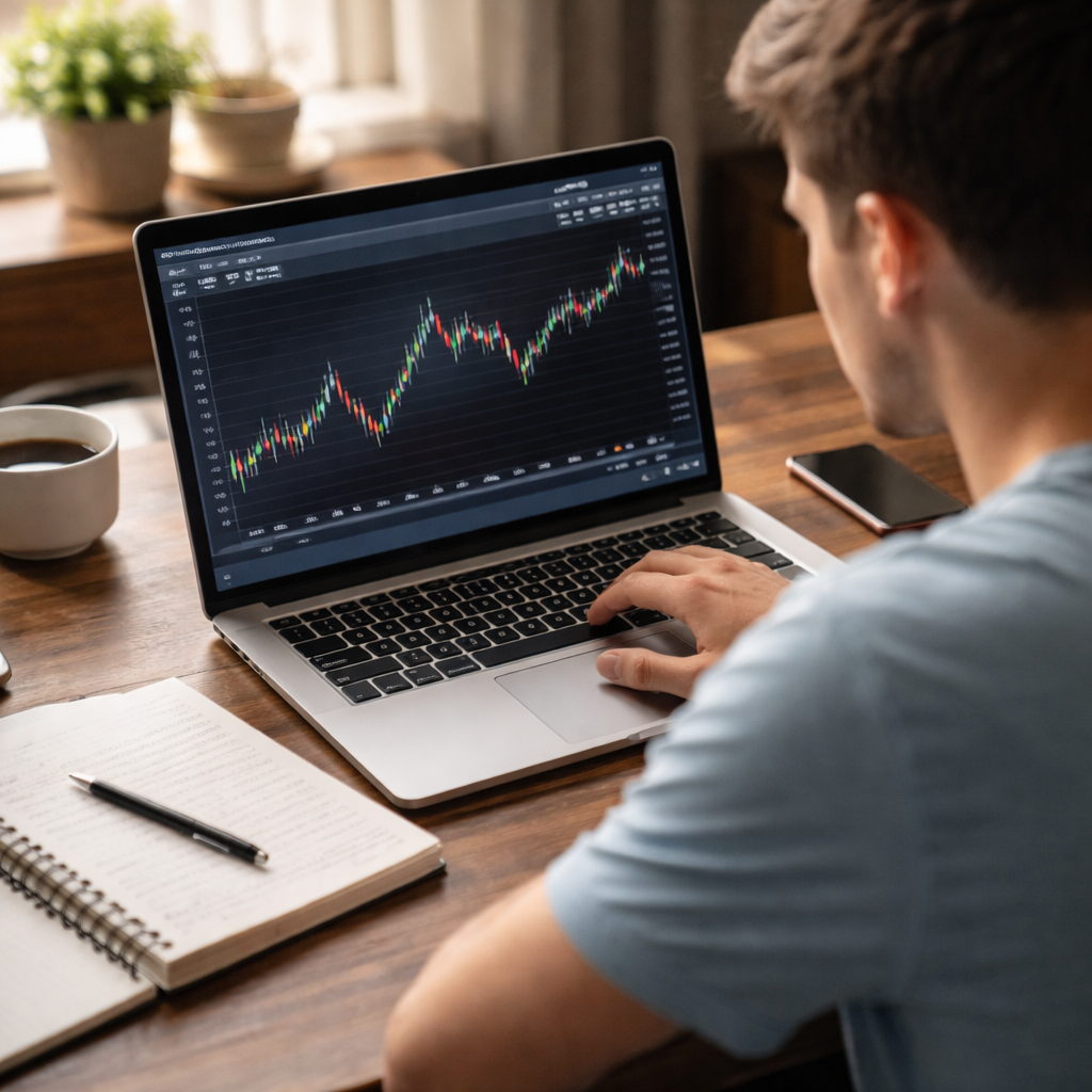 A photorealistic scene of a beginner trader at a laptop, looking at a demo forex chart with EUR/USD pair, a notebook beside the laptop, soft natural lighting. Alt: beginner setting up a free forex trading platform with demo account.