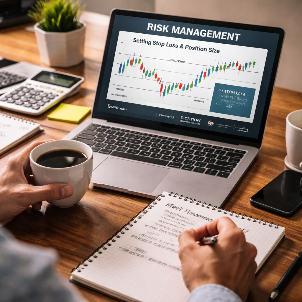 A photorealistic scene of a trader at a desk reviewing risk management charts on a laptop, with a notebook and coffee, illustrating the concept of setting stop loss and position size. Alt: trader using risk management in a free forex trading course.