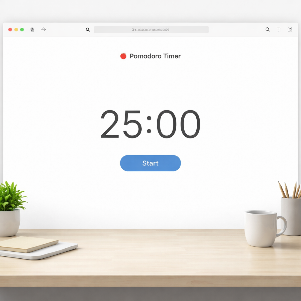 A clean desktop screenshot showing a minimalist pomodoro timer web page with a large digital clock and start button. Alt: Free online pomodoro timer interface for focused work sessions.