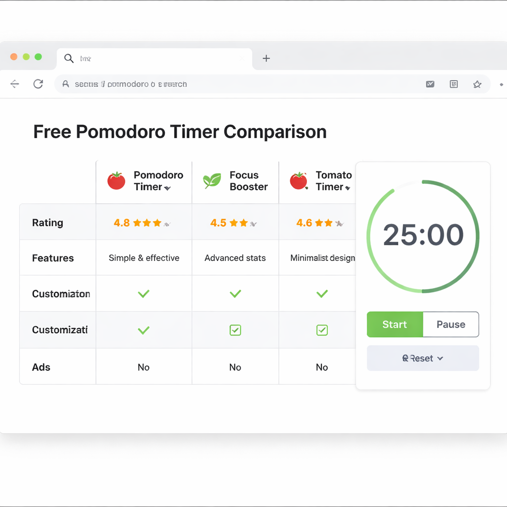 A clean browser window showing a comparison chart of three free Pomodoro timer websites, with a highlighted timer countdown. Alt: pomodoro timer online free comparison chart