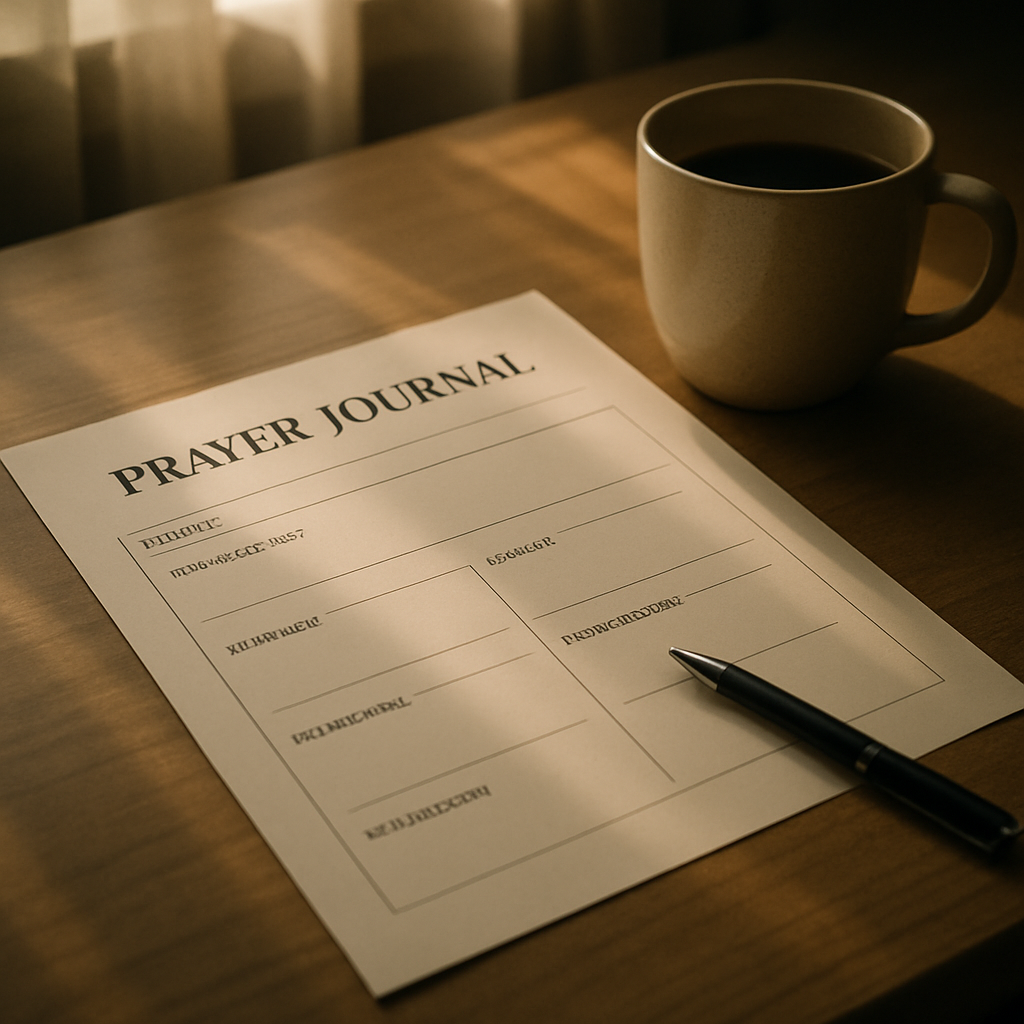 A serene desk with a printed prayer journal template, a coffee mug, and a pen, soft morning light filtering through a window. Alt: prayer journal templates printable pdf layout on a desk.