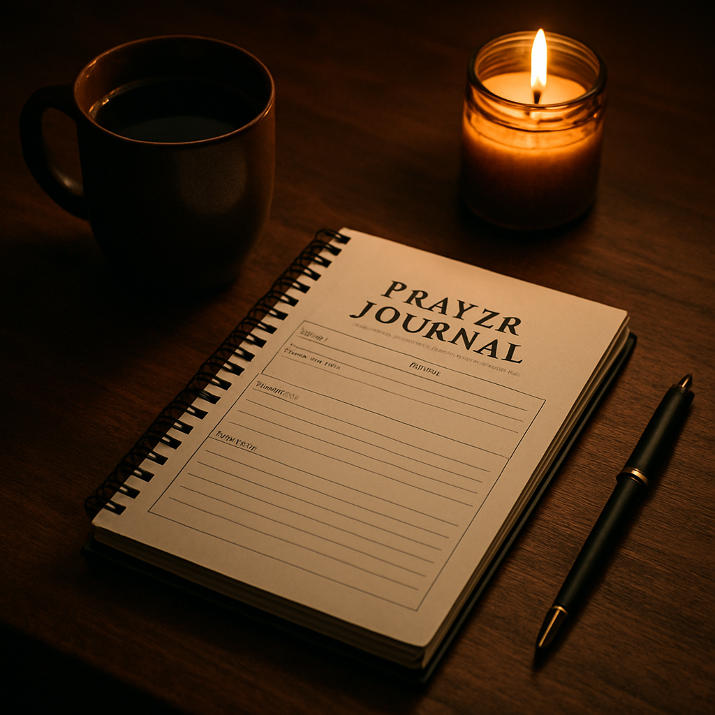 A cozy desk with a bound prayer journal, a cup of coffee, a pen, and a soft-lit candle. Alt: prayer journal templates printable pdf bound notebook on a wooden table.