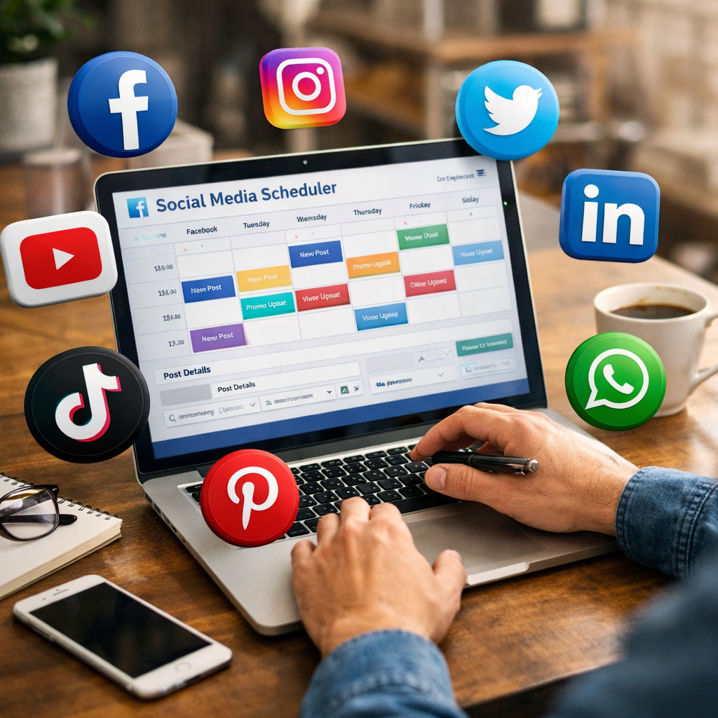 A realistic scene of a person scheduling social posts on a laptop, with icons of multiple social platforms floating around. Alt: free social media scheduler visual guide.