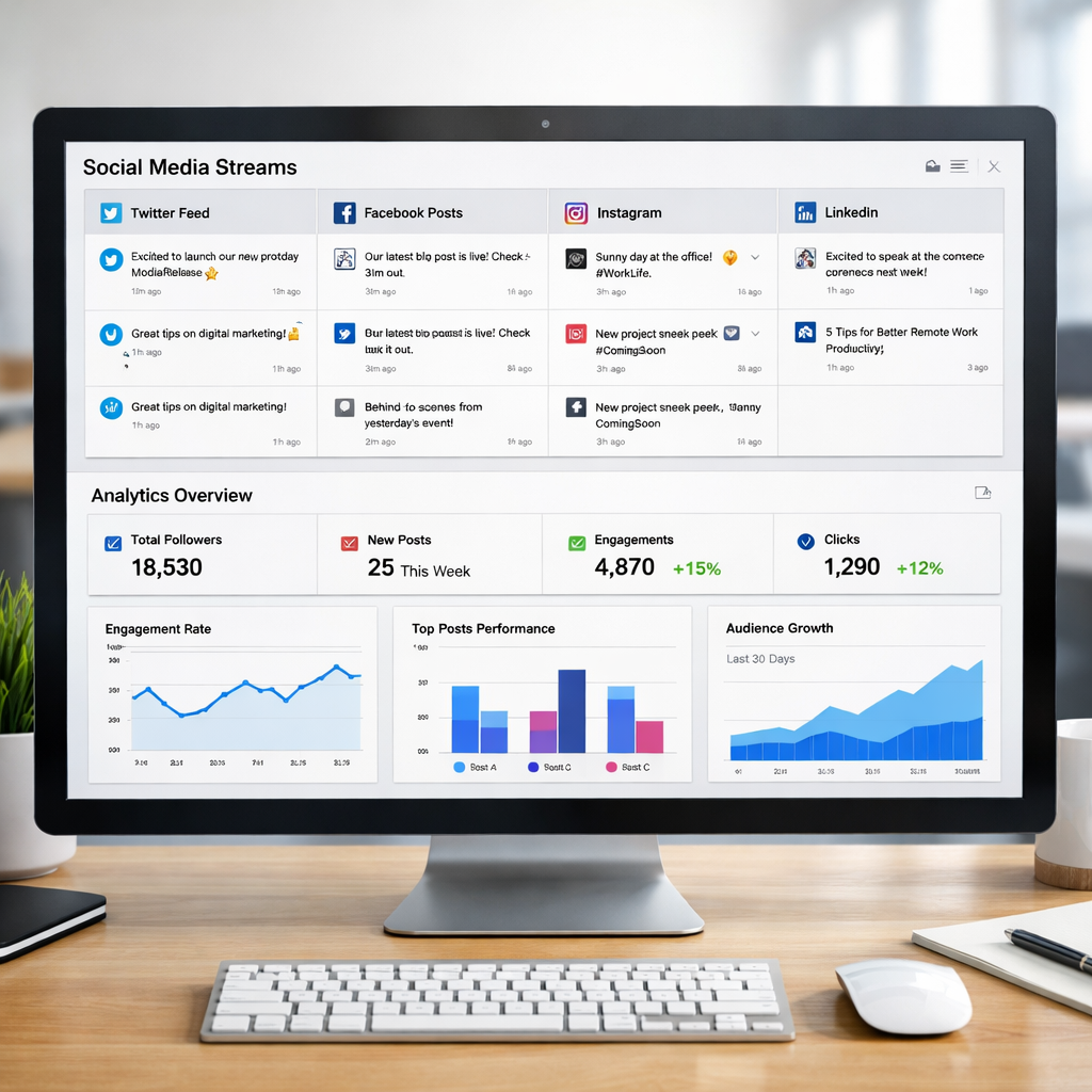 A clean, modern dashboard showing social media streams and analytics charts on a desktop screen. Alt: free social media scheduler monitoring view.