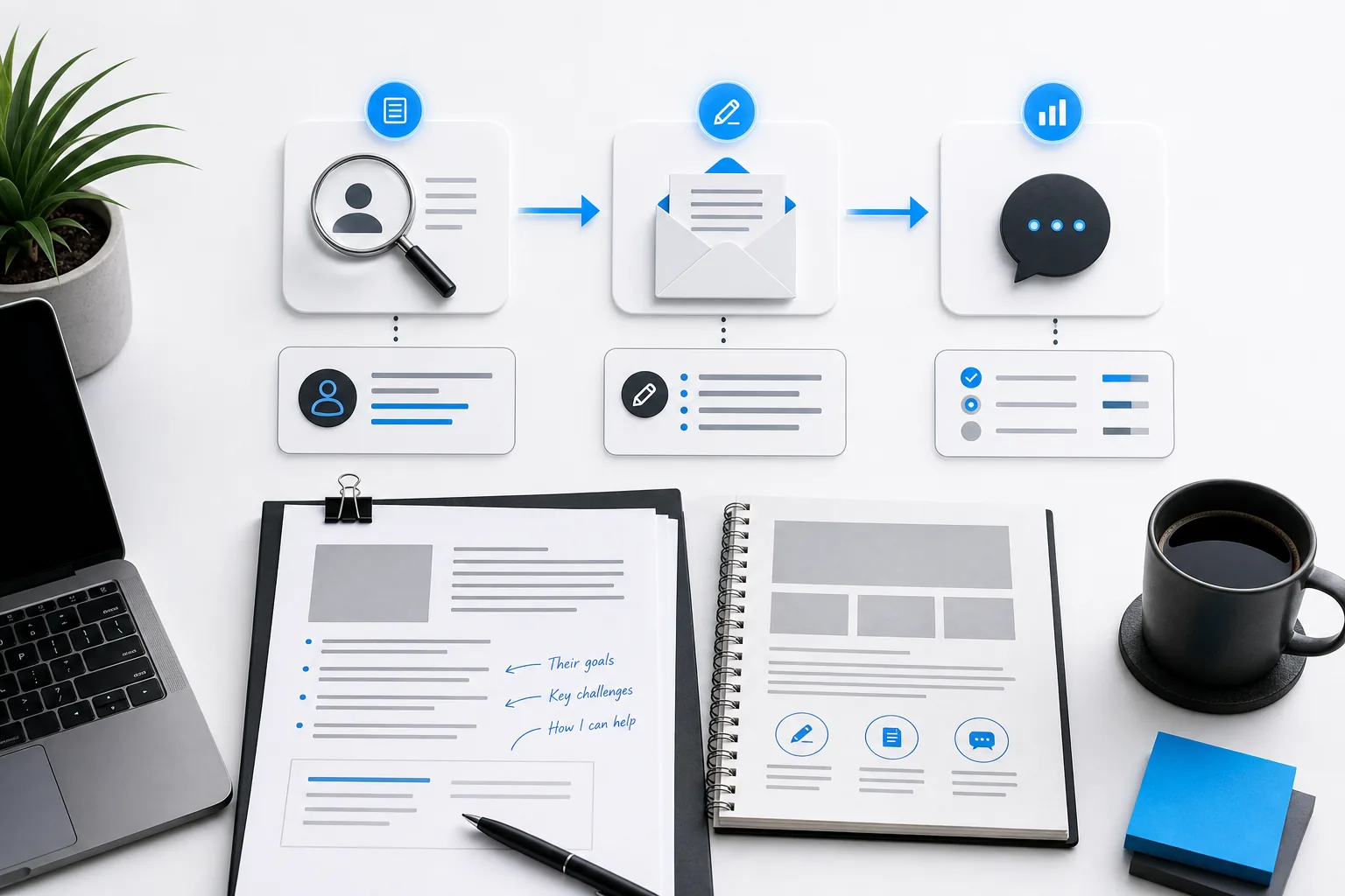 Client outreach flow from prospect research to tailored copywriting pitch.