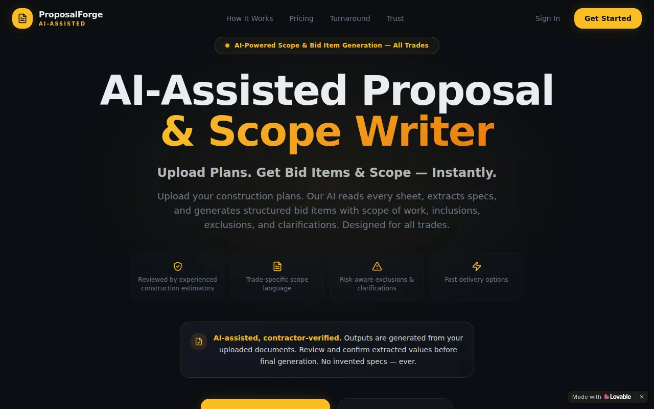 Screenshot of the ProposalForge AI website