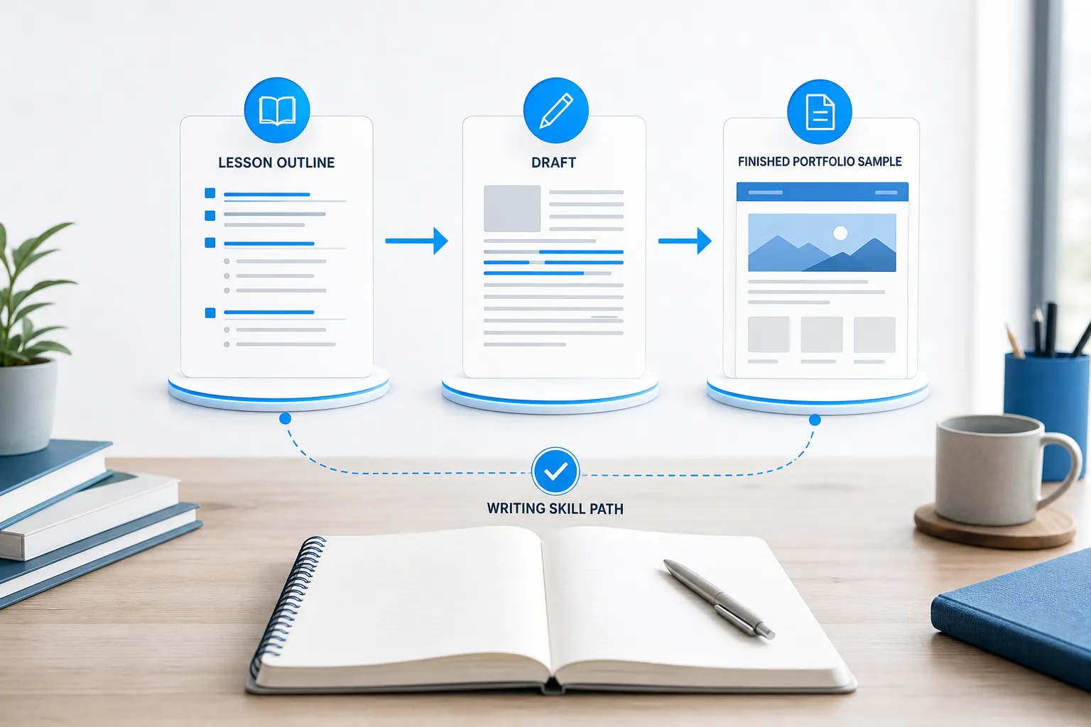 Diagram showing a writing course turning into a freelance portfolio sample.
