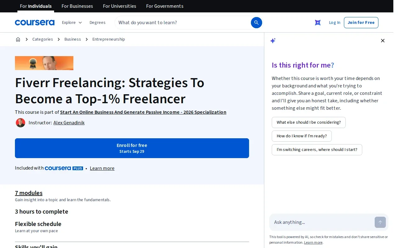 Screenshot of the Fiverr Freelancing Strategies To Become a Top-1% Freelancer by Coursera website