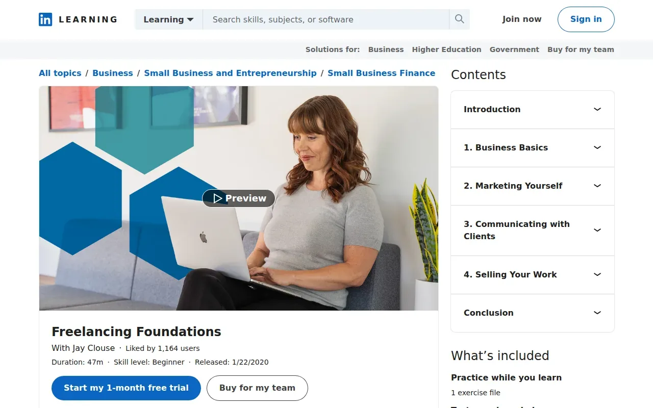 Screenshot of the Freelancing Foundations by LinkedIn Learning website