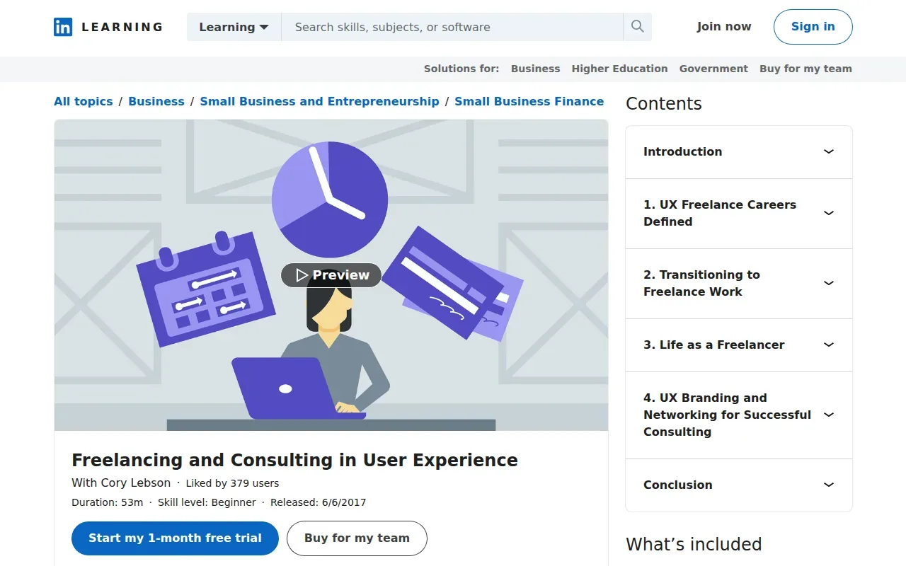 Screenshot of the Freelancing and Consulting in User Experience by LinkedIn Learning website