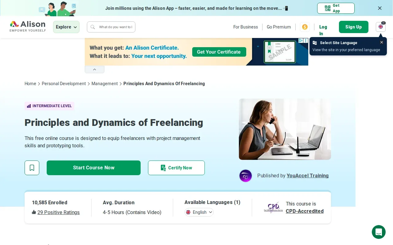 Screenshot of the Introduction to Dynamics of Freelancing by Alison website