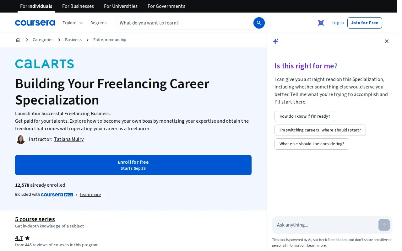 Screenshot of the Building Your Freelancing Career by Coursera website