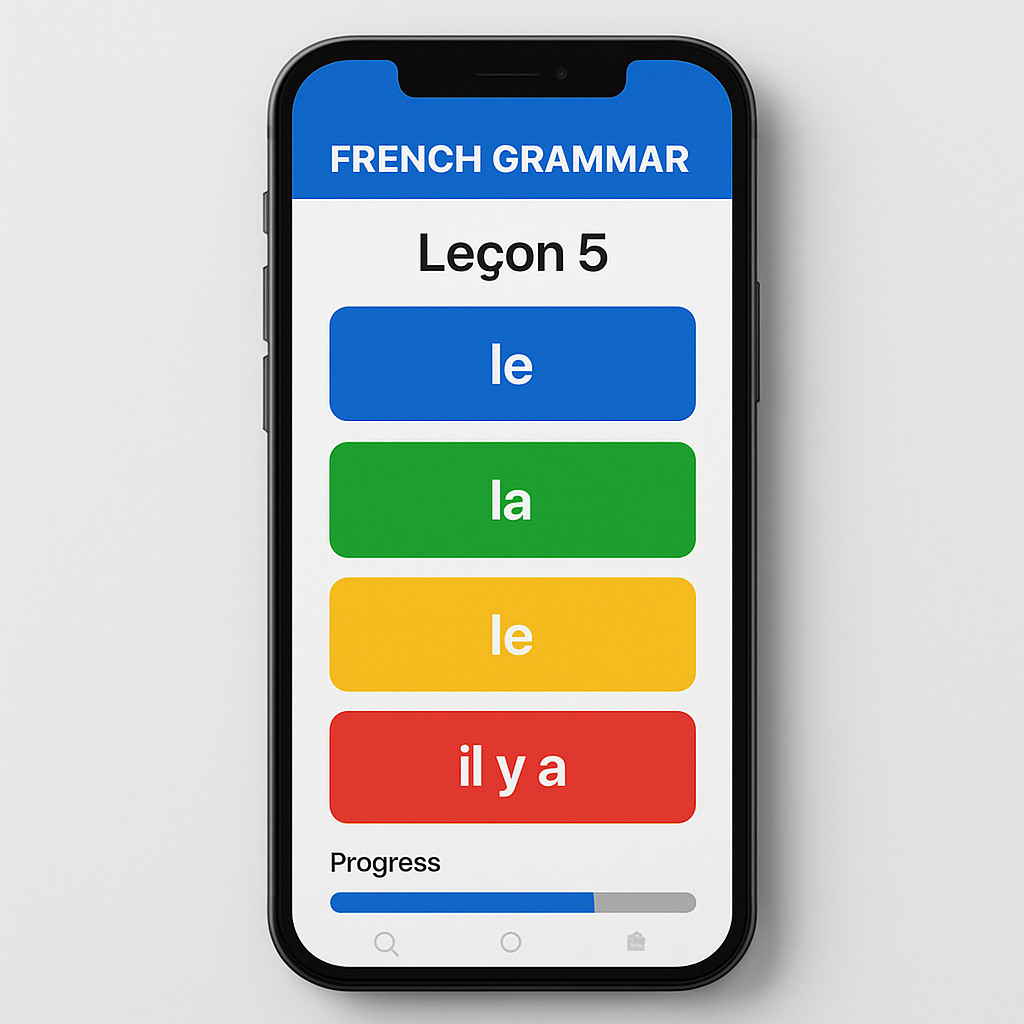 A smartphone screen showing a french grammar app lesson with colorful flashcards and a progress bar. Alt: French grammar app lesson view with spaced repetition and progress tracking.