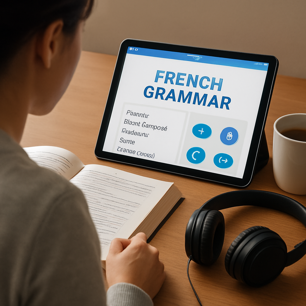 A learner sitting at a desk with a tablet displaying a french grammar app, open textbook, headphones, and a coffee mug, illustrating a blended study setup. Alt: French grammar app integrated with textbook, podcast, and language exchange.