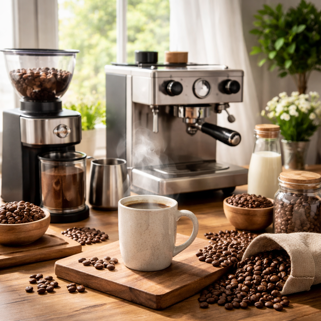 A realistic scene of a home coffee bar with a grinder, beans, and a steaming mug, bright natural light. Alt: home coffee brewing setup with fresh beans
