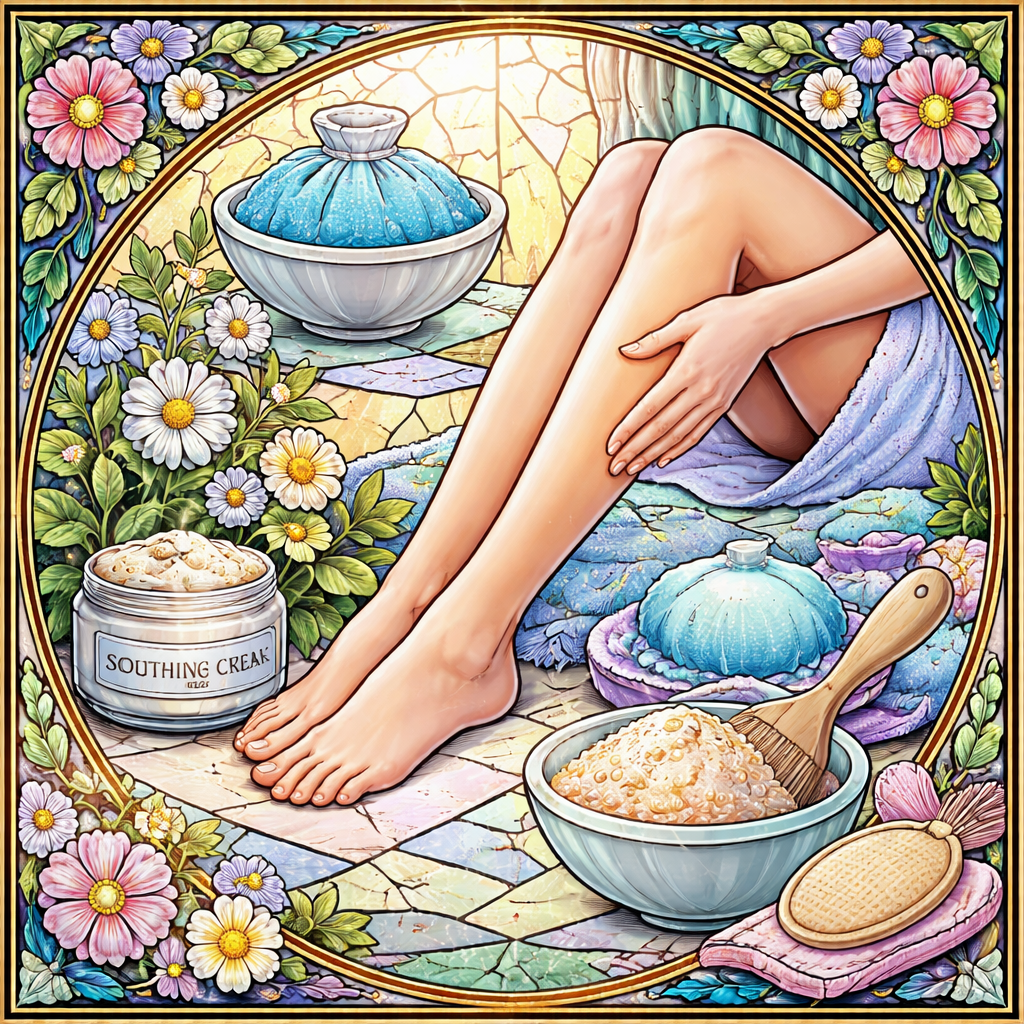 A stained glass illustration of a calm post‑wax skin routine with a soothing cream, a cool compress, and gentle exfoliation tools. Alt: full body waxing after‑care routine