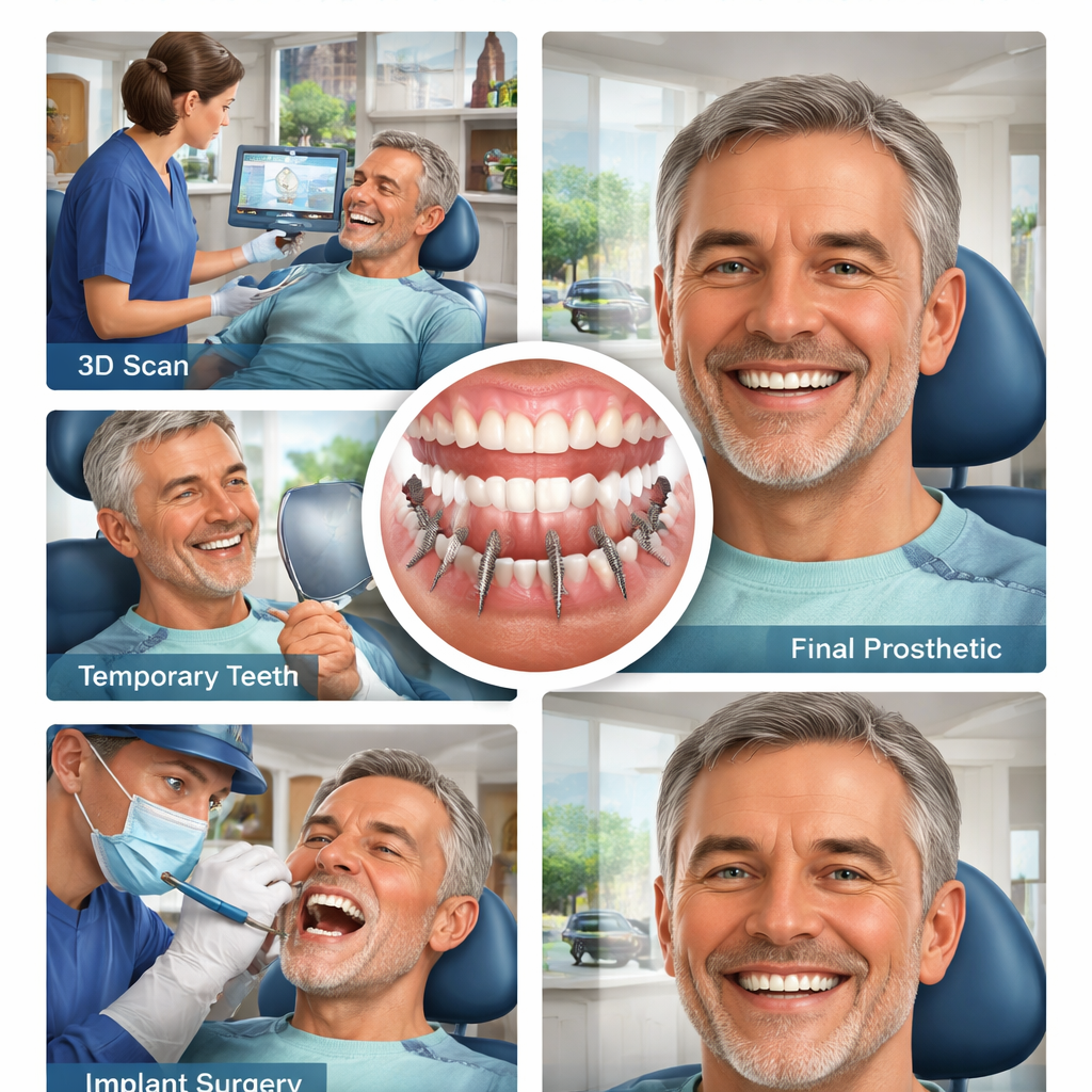 A photorealistic illustration of a dental implant workflow, from 3D scan to temporary teeth to final prosthetic, showing a smiling patient in a modern clinic. Alt: full mouth dental implants procedure steps