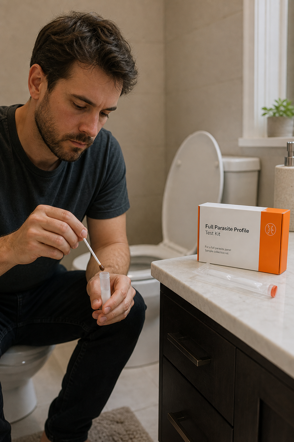 A photorealistic image of a person collecting a stool sample using a swab from a test kit in a bathroom, with the kit box on the counter. Alt: Collecting a stool sample for a generic full parasite profile test for full parasite panel UK.
