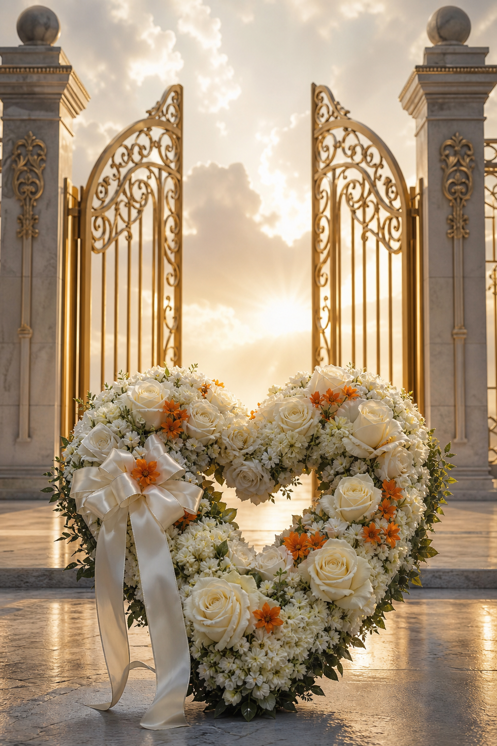 A photorealistic scene of a heart-shaped floral tribute resting at the gates of heaven, with soft golden light streaming through clouds, silk flowers in white and cream tones. Alt: Heart-shaped funeral flower tribute at the gates of heaven.