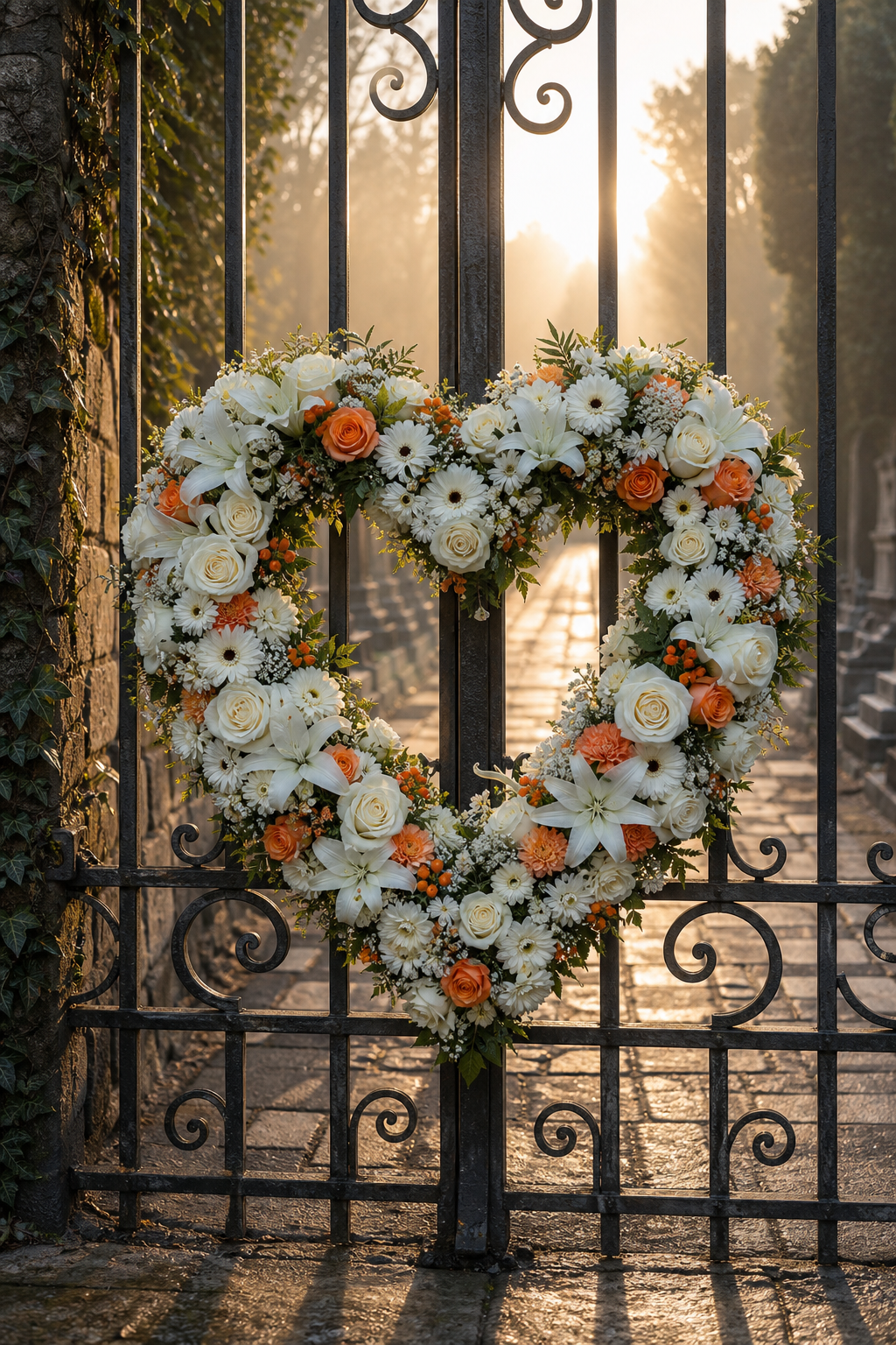 A heart-shaped arrangement of silk flowers placed at a cemetery gate, symbolising the gates of heaven. Alt: Heart-shaped funeral tribute at gates of heaven.