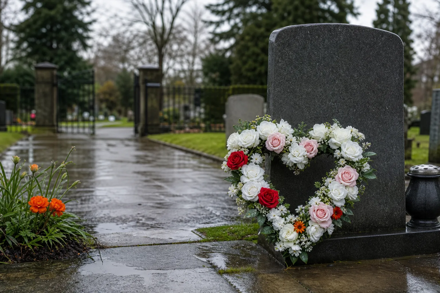 Weather-resistant heart-shaped funeral flowers placed at a Dartford grave.